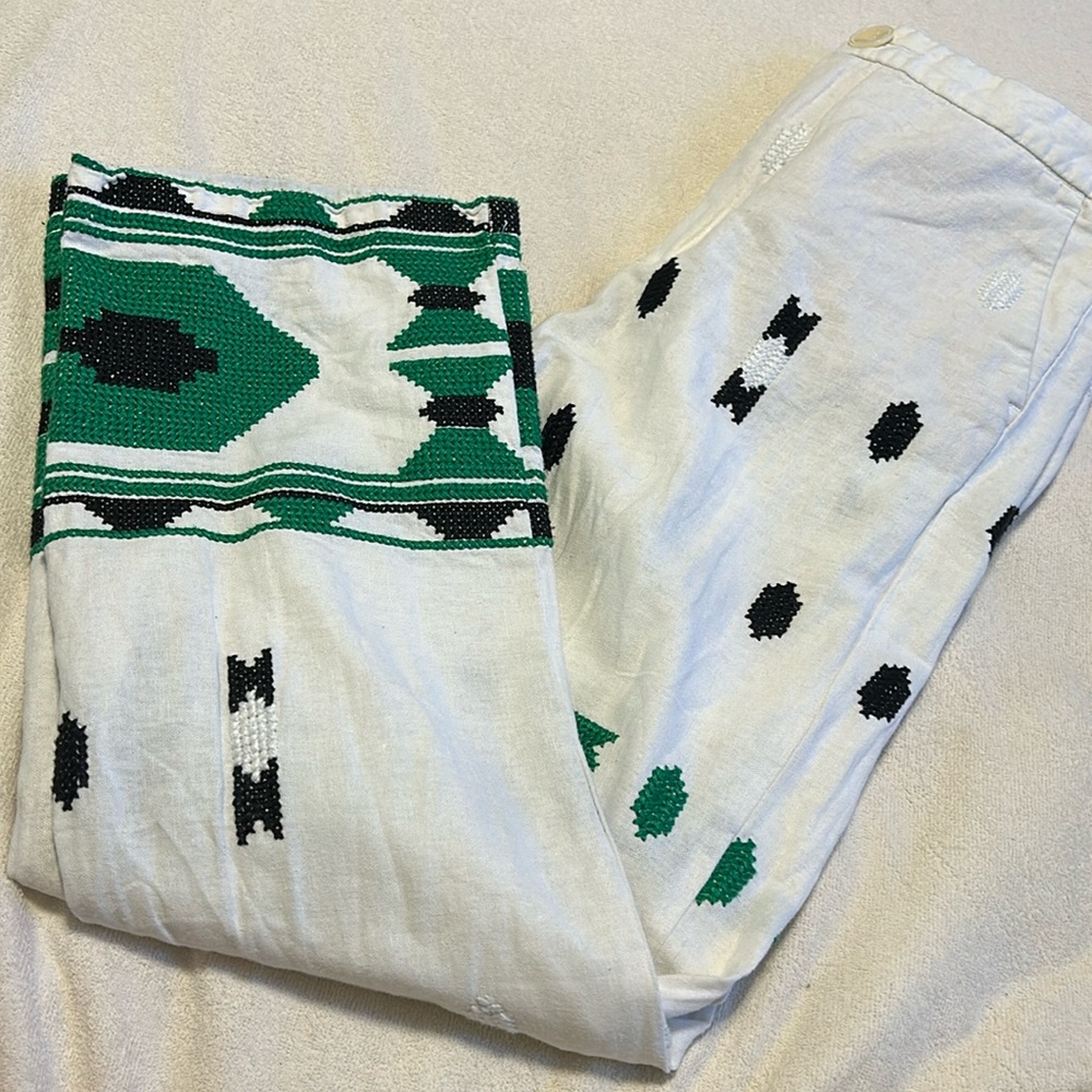 Zara Women’s Embroidered Linen Blend Pants SS22 2731/259/250 Green Black Medium